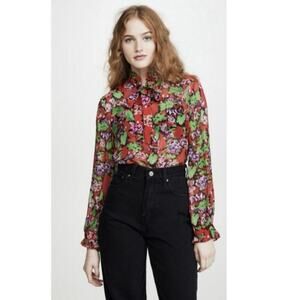 Saloni Emile Georgette Sheer Top 100% Silk Size 8 Floral Cherry Damask Tie Neck